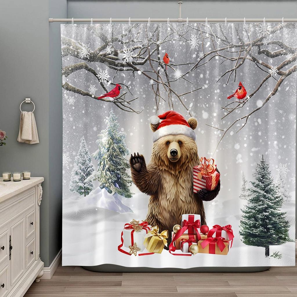 Christmas Funny Bear Shower Curtain Cute Wild Animal Winter Forest Snowflake Rustic Cabin Xmas Tree Red Bird Holiday Bathroom