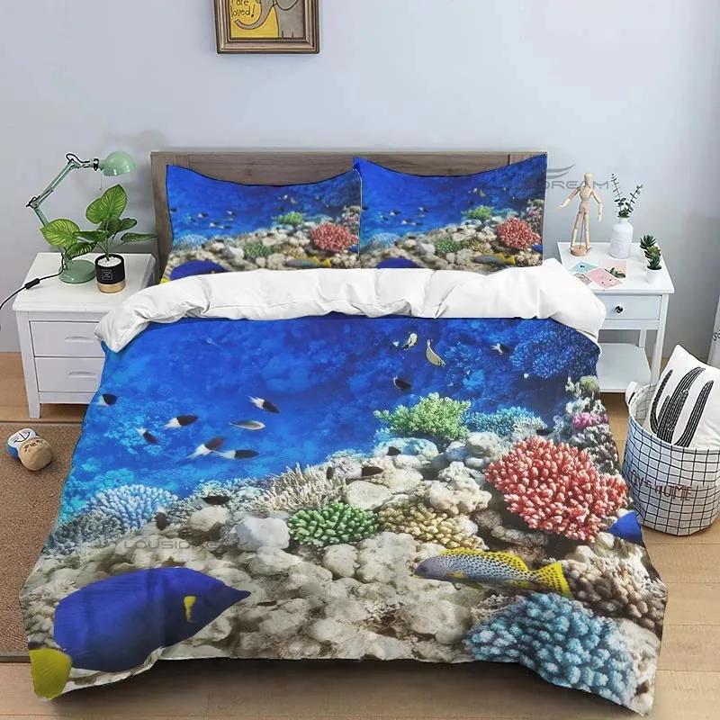 Ocean World Marine Life Art Pattern Comforter Bedding Set,Duvet Cover Bed Set Quilt Cover Pillowcase,King Queen Size Bedding Set
