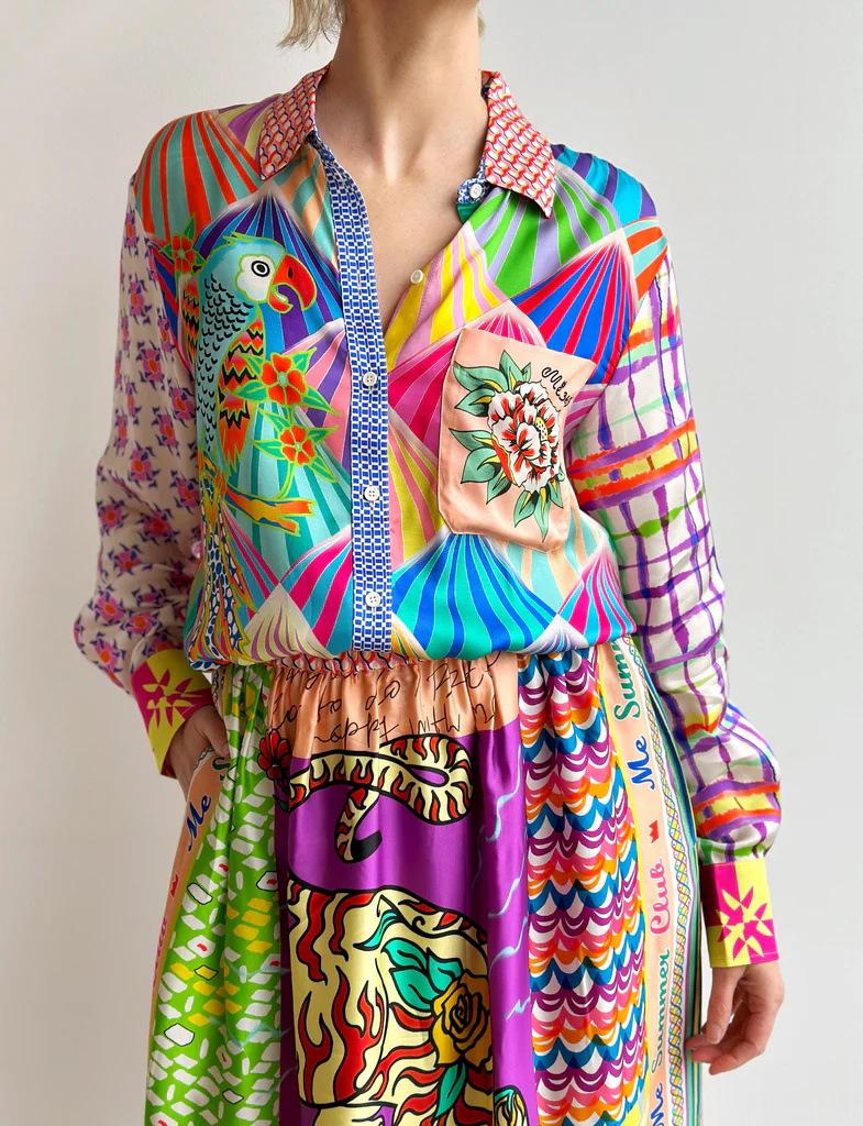 

2025 новый персонализированный граффити повседневный комплект из двух частей сатиновая печать рубашка с длинным рукавом + юбка XL