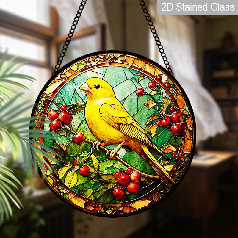 2D Flat Stained Glass Canary Bird Window Decoration, 7.87inches Yellow Bird Red Fruits Design Colored Glass Plate with Chain, Charming Spring Summer