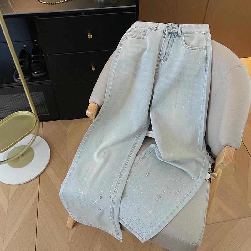 Women's High-Waist Light Blue Denim Pants with Shiny Detailing – Slimming Straight to Wide-Leg Casual Versatile Fit