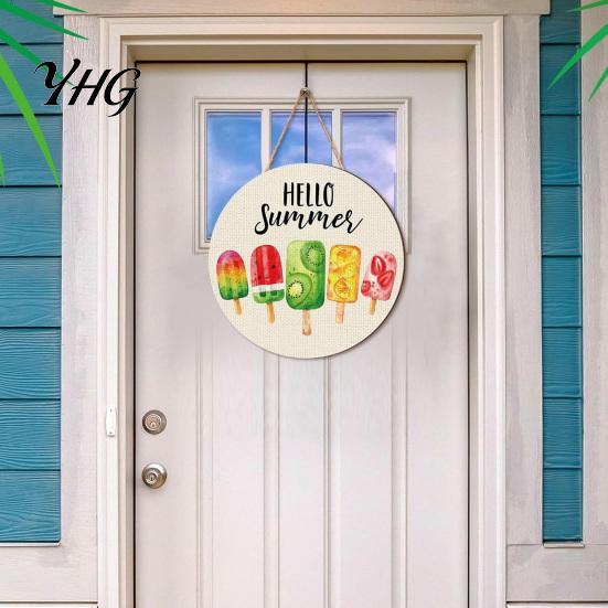 Coastal Style Wall Hanging Hello Summer Door Sign, Ice Pop Flip Flop Welcome Hanger, Decorative Plaque Farmhouse Wooden Wreath for Front Home