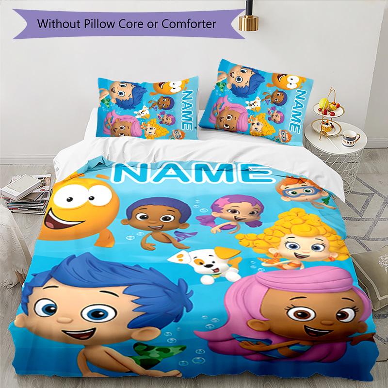 3pcs Bubble Guppies Cover Set - Personalized Name, HD Printed Bedding with 1 Cover and 2 Pillowcases - Perfect for Home Decor, Easy Care