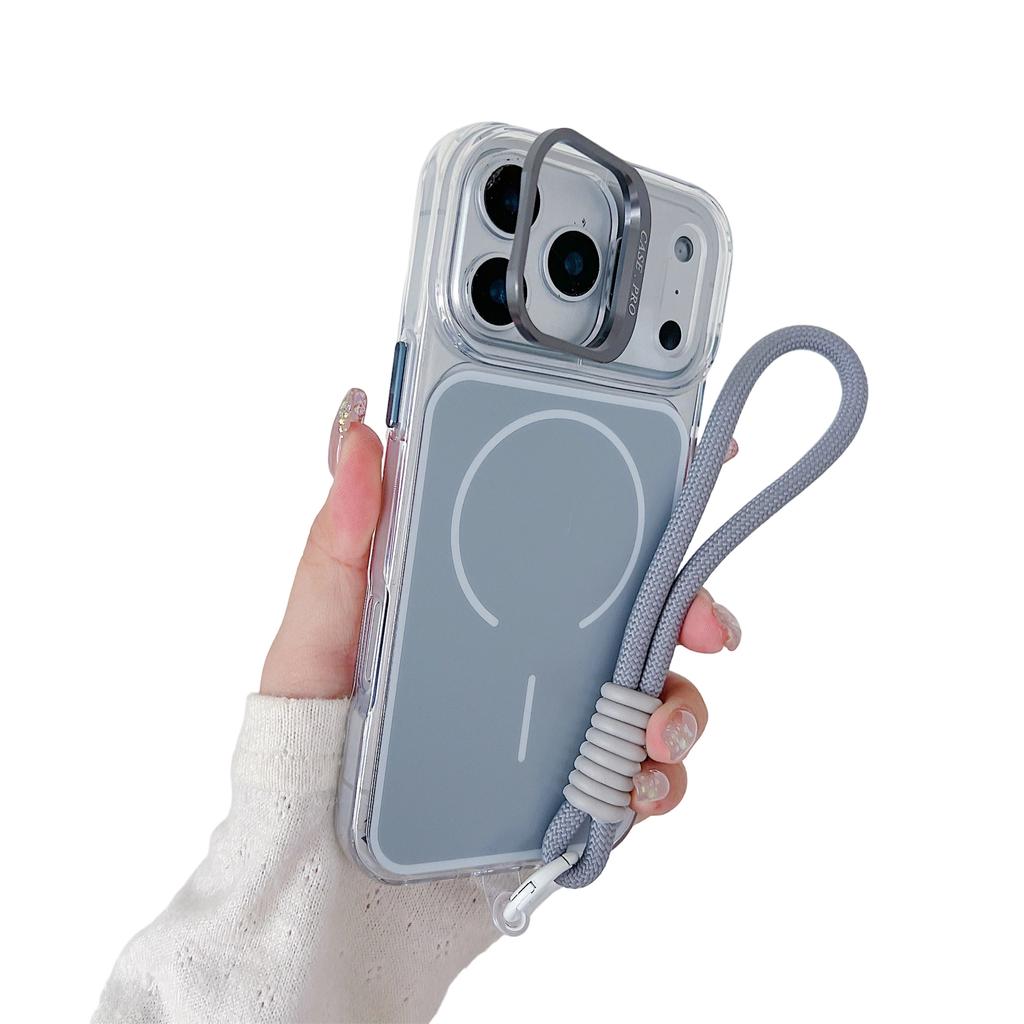 For iPhone 17 Pro Case Compatible with MagSafe Lens Kickstand TPU Acrylic Phone Cover with Matching Hand Strap