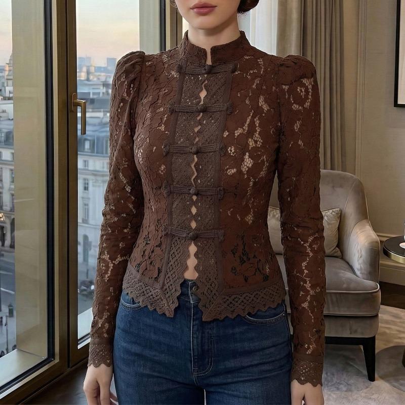 Women's Shirt Summer Fashion Temperament Commuter Lace Crochet Stand-up Collar Slim Women's Blouses Elegant Solid Color Casual Office Lady Tops