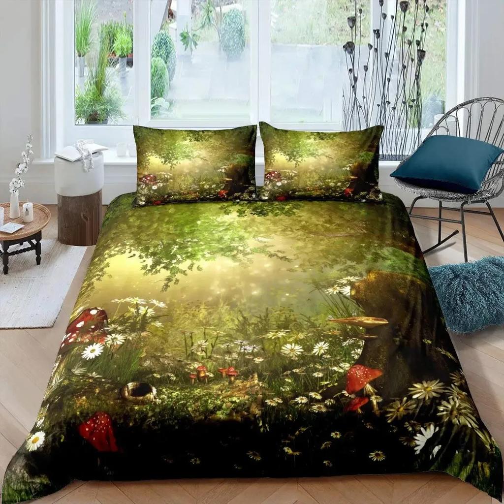 Funda nórdica de bosque de hadas y setas, juego de cama de planta de hongo de dibujos animados liliputiense mágico, funda de edredón de poliéster de jardín de fantasía