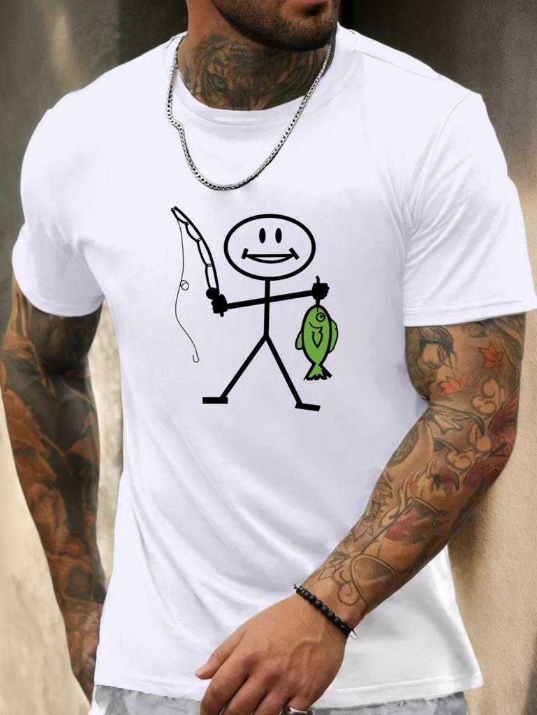 Summer Men's Round Neck Short Sleeve T-Shirt Cartoon Sketches Print Fashion Street Versatile Quick Drying Daily Mens Clothing