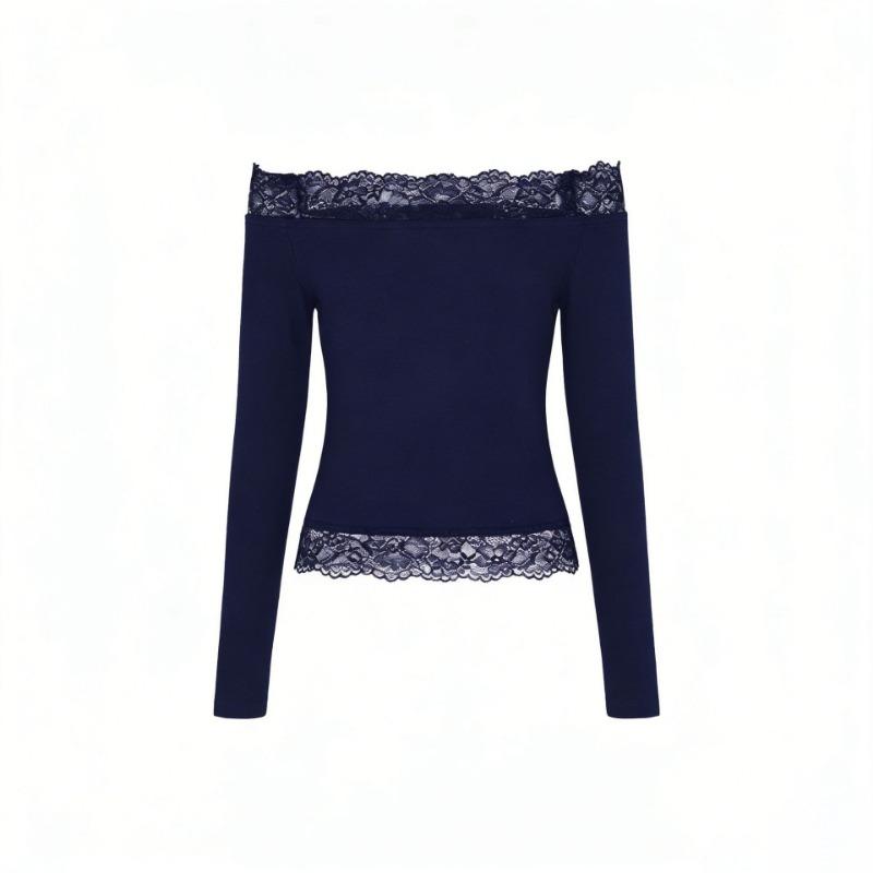 Spitze Off-Shoulder Langarm Tailliert Unifarben Sexy Damen Freizeit Oberteil
