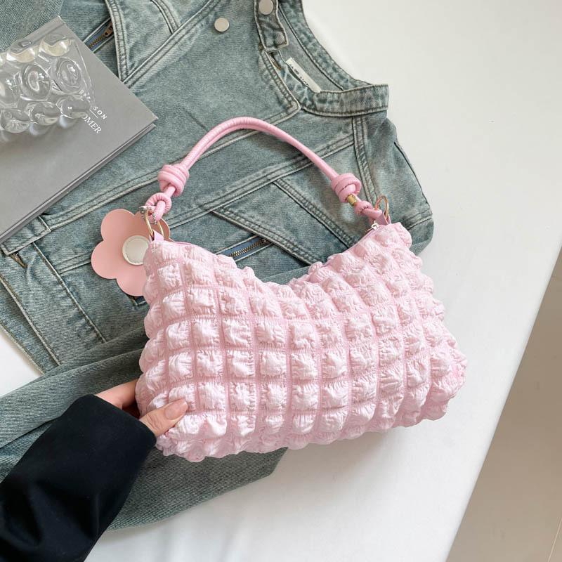 

Women s Bubble Texture Round Cylinder Bag, Korean Style Floral Shoulder Handbag, Soft Lunch Tote with Zipper Closure розовый