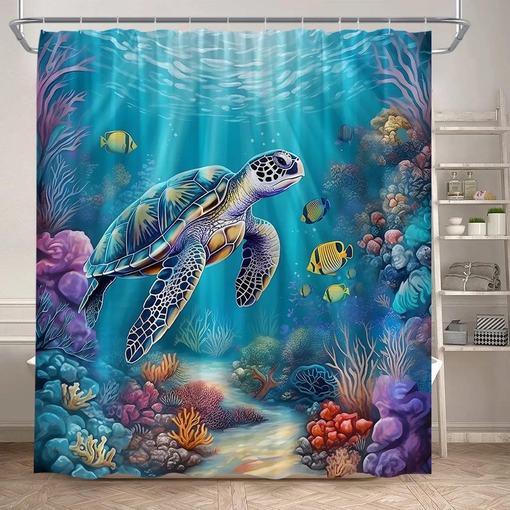 VIKAMA Underwater World Theme Shower Curtain - Waterproof and Mold-Resistant Bathroom Partition Curtain for Home Decoration