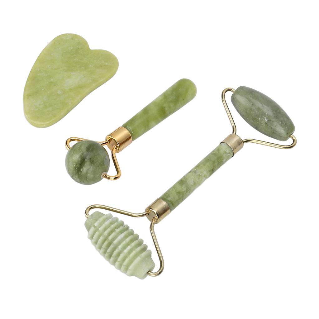 3pcs Jadestone Face Roller Portable Skin Lifting Firming Beauty Guasha Board Face Massage Roller Set