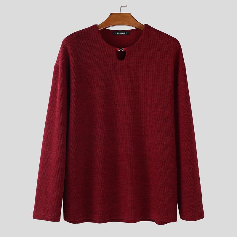 

INCERUN Весенние мужские футболки с длинным рукавом, повседневные, свободные, в рубчик 5XL вино красного