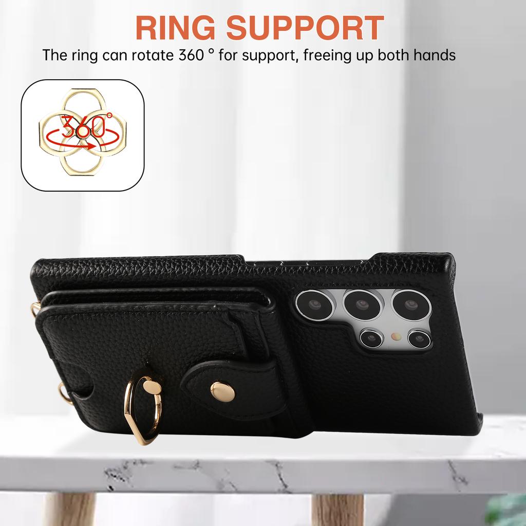 For Samsung Galaxy S24 Ultra Case with Card Holder,Shoulder Strap PC+TPU Ring Kickstand Phone Back Cover