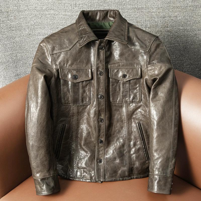 Vintage Japanese Style Full Vegetable Tanned Goatskin Leather Jacket Heavy Washed for Men