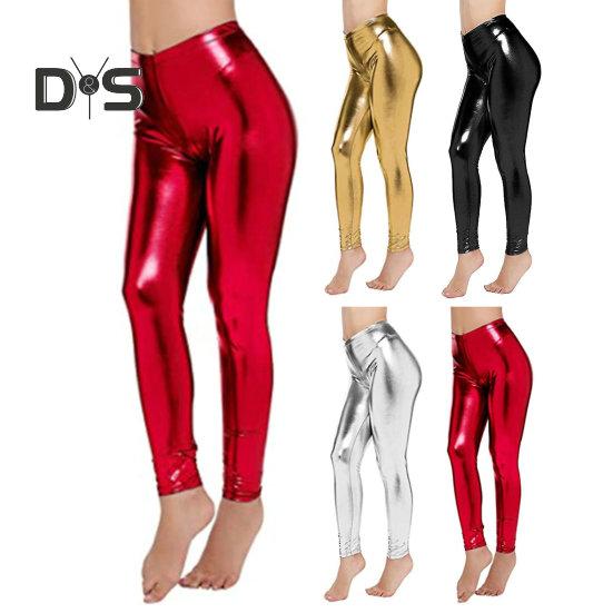 Women Pants Glossy Faux Leather Skinny Elastic High Waist Solid Color Smooth Soft Breathable Tummy Control Ankle Length Club Party Lady Long Trousers