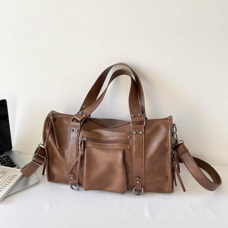 Faux Leather Duffel Bag Women's Fashion Shoulder Tote with Front Zip Pocket