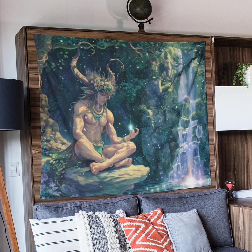 Nature Waterfall Zen Meditation Tapestry 2D Flat Printed Peach Skin Wall Hanging Forest Spirit Art Bedroom Living Room Decor