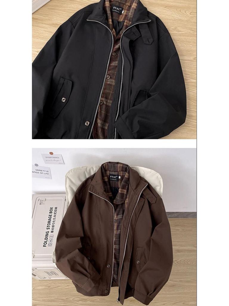 Men's Retro Plaid Patchwork Harrington Jacket - Two-Piece Layered Silhouette