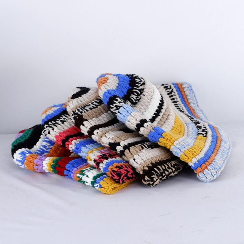 Popular Female Hat Knitting Bucket Hat Handmade Crochet Rainbow Fisherman Hat Women Girl Photo Beanie Warm Striped Cap