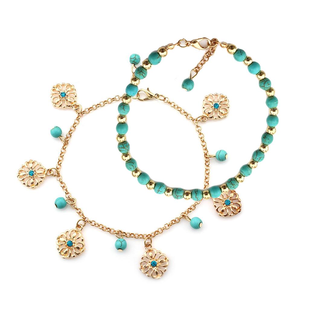 Double Layer Flower Artifical Turquoise Beads Women Ankle Bracelet Barefoot Sandal Beach Sea Foot