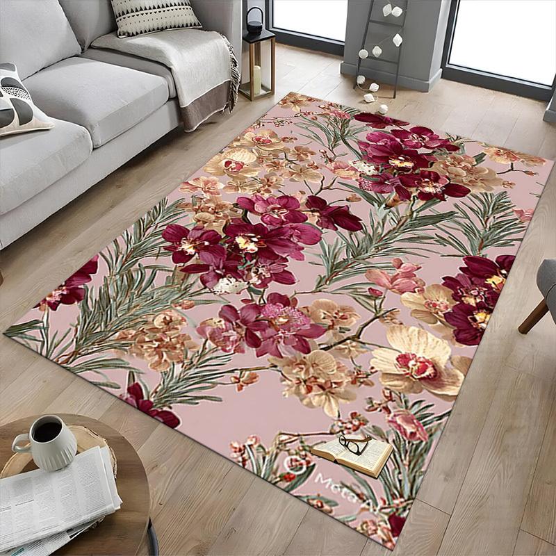 1PC Floral Pattern Flowers Non-Slip Floor Carpet Compatible for Office&Living Room&Dining room - Flat-Weave Machine- Soft & Pattern-E305