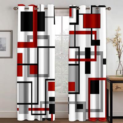 Geometrik Kare Perdeler Kırmızı Siyah Gri Baskılı Drapeler Modern Oturma Odası Yatak Odası Basit Dekor Perdeler 2 Panelli Set