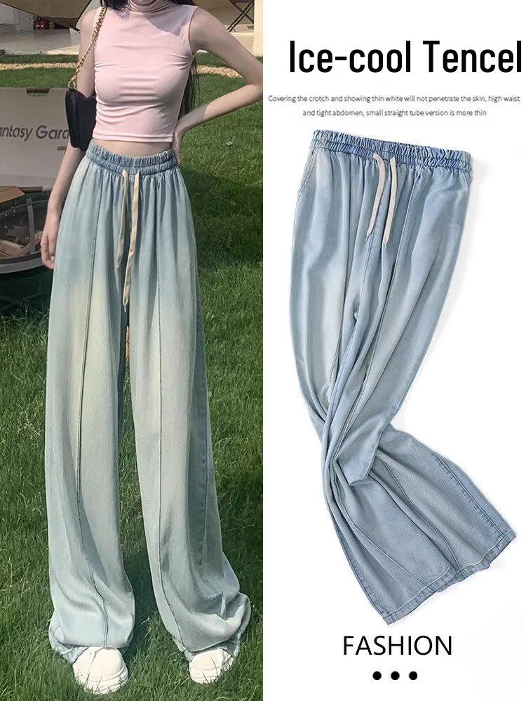 Women's High-Waisted Wide-Leg Ice Silk Jeans: Elastic Waist, Loose Fit, Slimming, Summer-Ready, Floor-Length.