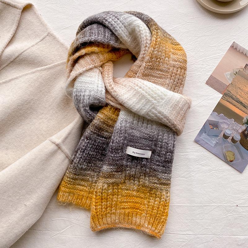 Dopamine containing wool contrasting color knitted blue scarf women's winter rainbow new atmosphere wool scarf