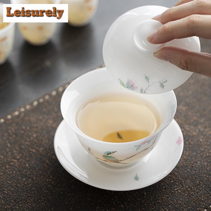 135ml butikový nefritový porcelán Gaiwan, ručně malovaná květinová a ptačí čajová mísa, kryt na čajový konvici, miska, kavárny, dárky