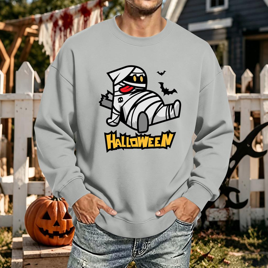 Men's Halloween Printed Long Sleeve T-Shirt Unisex Crewneck Casual Sports Top
