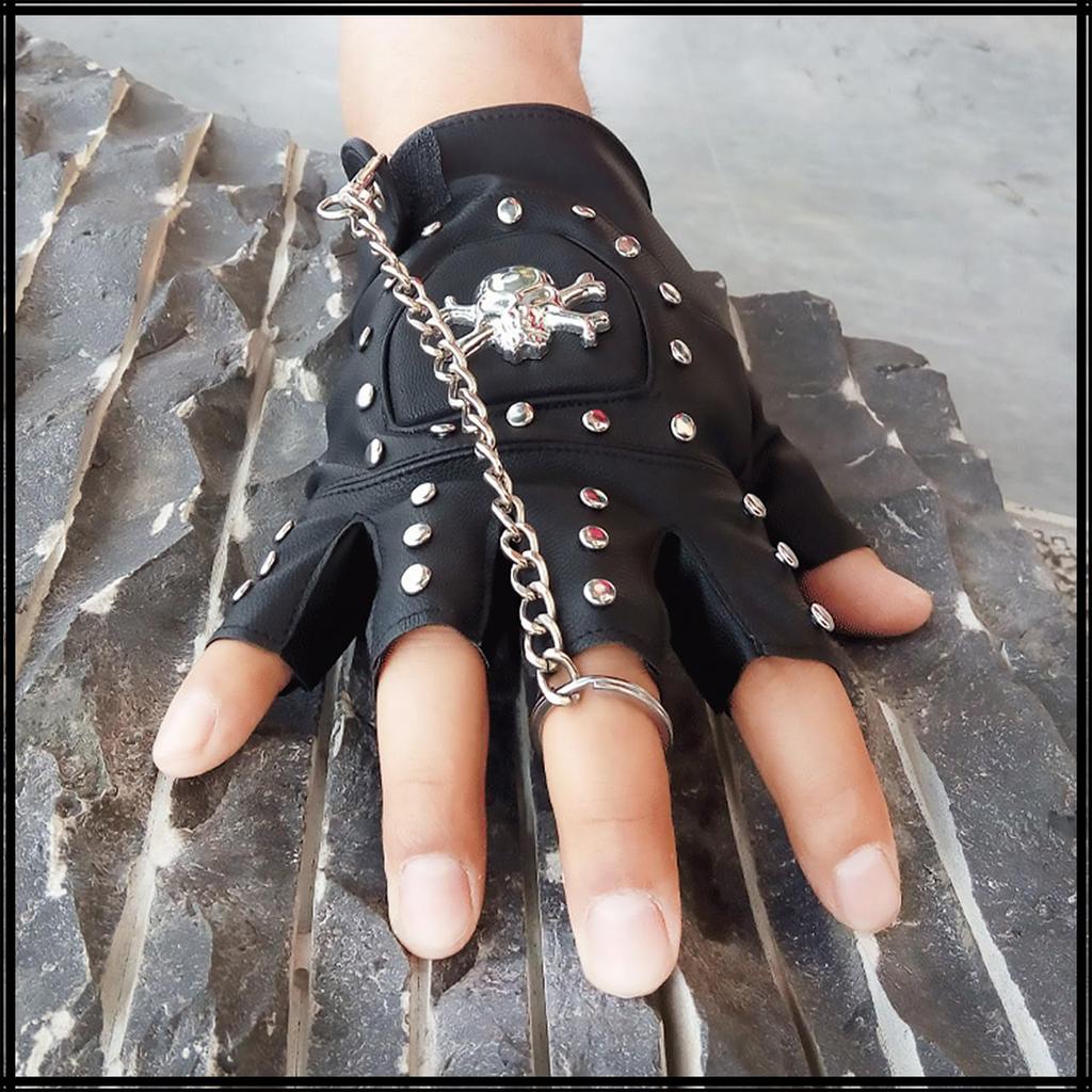 Fingerless Skull Punk NT234 [White Fang] Half-Finger Gloves, Design, Rock, Men's & Women's (Black)