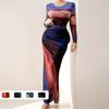 Women's Round Neck Long Sleeve High Waist Printed Ruched Bodycon Maxi Dress