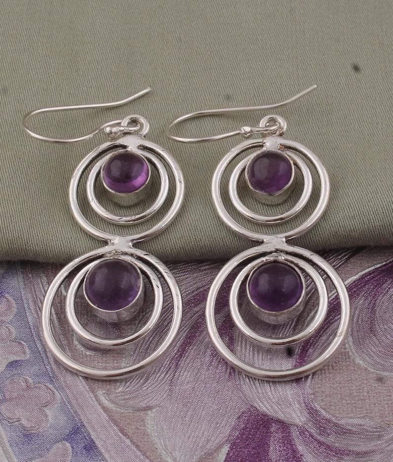 Solid 925 Sterling Silver Amethyst Gemstone Handmade Long Dangle Earring Women Birthstone Jewelry
