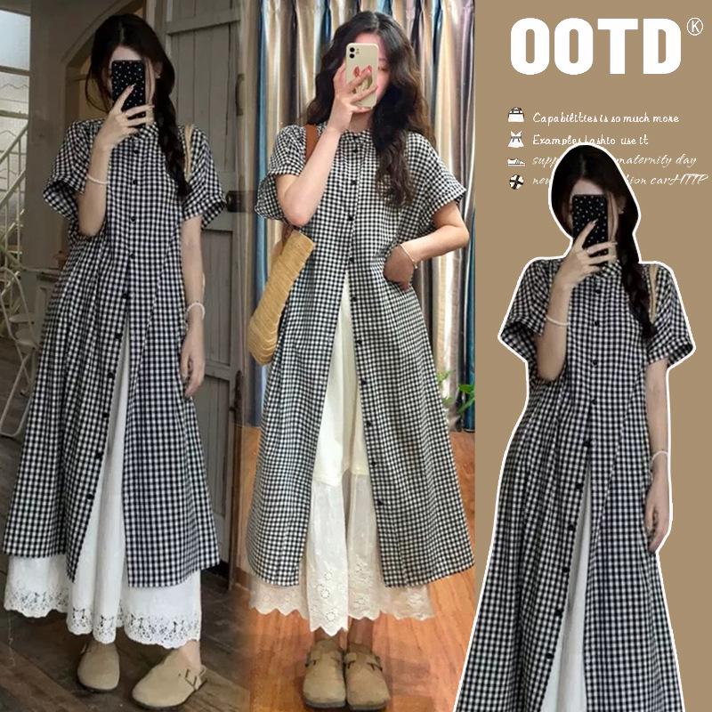 2026 Korean Plaid Patchwork Maternity Two-Piece Summer Dress 2XL