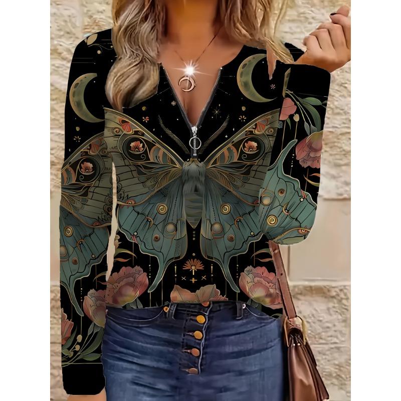 Elegant, Casual, and Comfortable Style Women's Clothing with Butterfly-themed Printed Pattern, Standard Size, Round Neck, Zipper, and Long Sleeves
