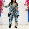 Women Plus Size Round Neck Long Sleeve Printed Layered Top And Long Pants Two Piece Set
