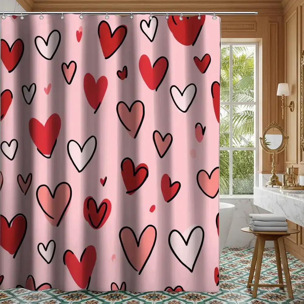 1pc Sweet Pink Heart-patterned Shower Curtain, Made of Polyester Fabric, Machine Washable, Suitable for Bathroom Decoration.