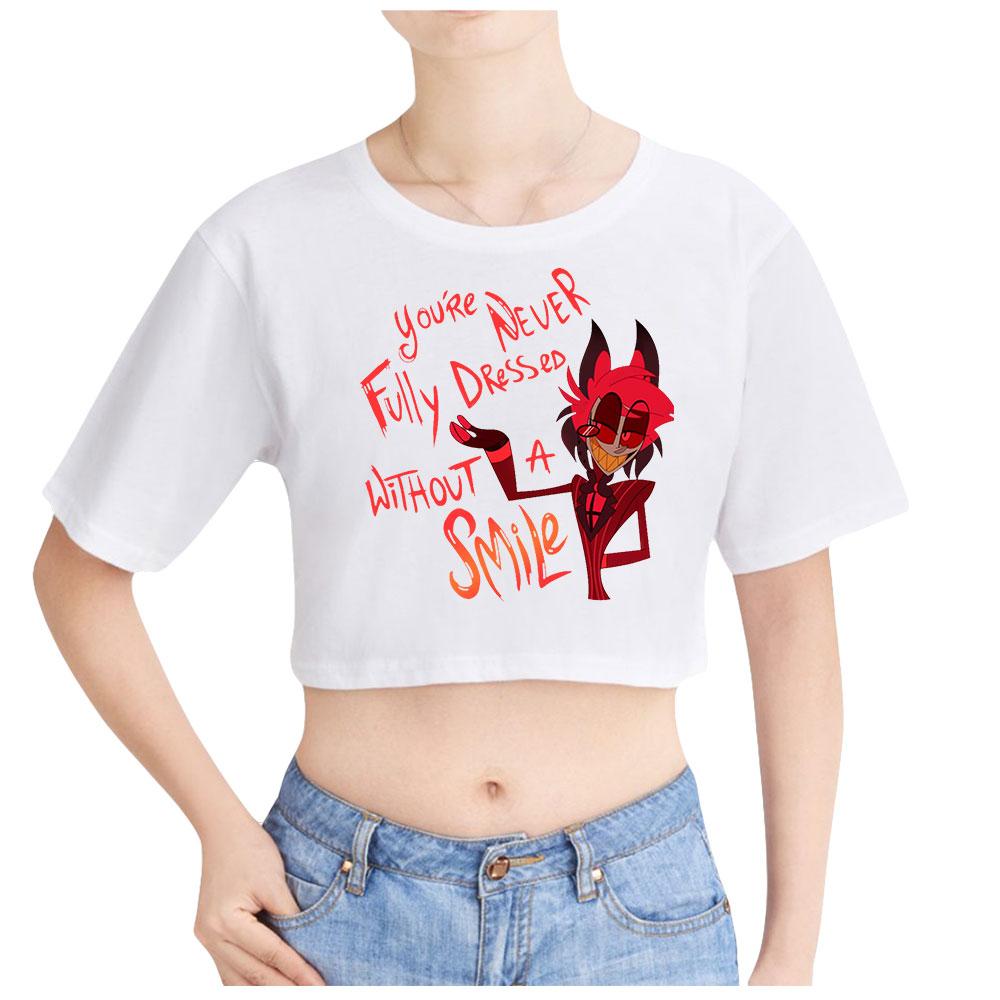 Sommermode Damen Sexy Hazbin Hotel Grafikdruck Kurzarm Crop Top Lustige T-Shirts Hipster Oansatz Coole Tops