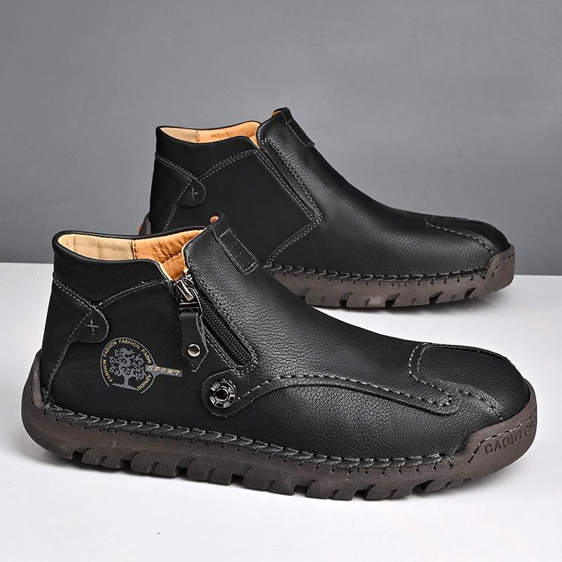 Autumn/Winter Men's Mid-Top Leather Slip-On Martin Boots - Large Size, Handmade, Stitched, Business Style.