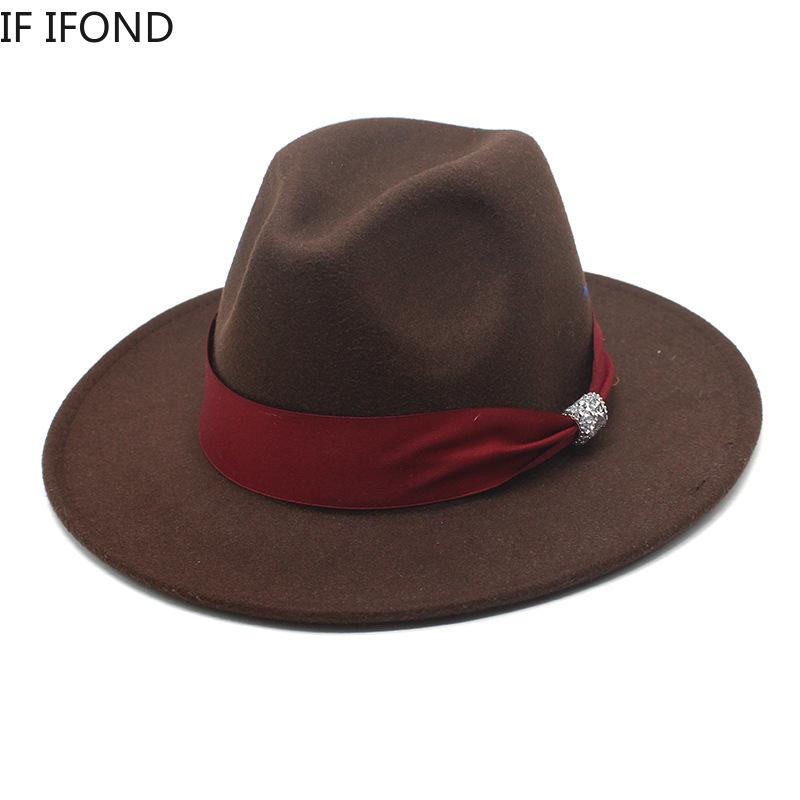 New Fashion Women Men Wide Brim Felt Jazz Fedora Hats Solid Color Party Trilby Wedding Hat Autumn Winter Hats 56-58-60CM