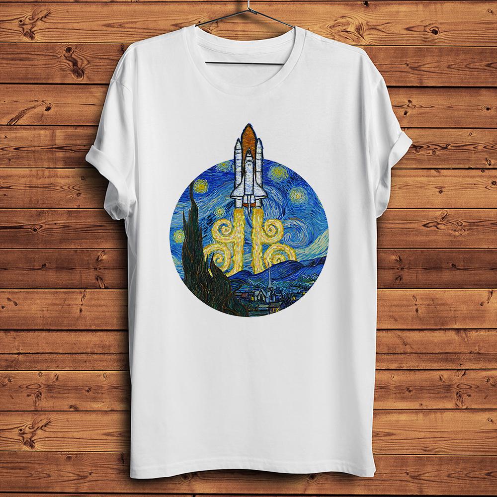 Space Shuttle in Van Gogh Starry NightFunny Artistic TShirt White Homme Casual Short Sleeve TshirtUnisex Geek Teenocracking S