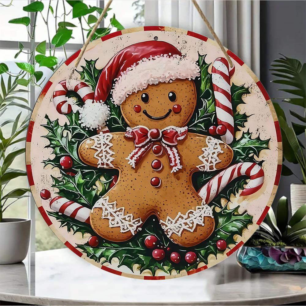 Vintage Gingerbread Man Christmas Round Wooden Hanging Plaque Holiday Wall Decor Front Door Sign Festive Home Ornament Xmas Party Supplies
