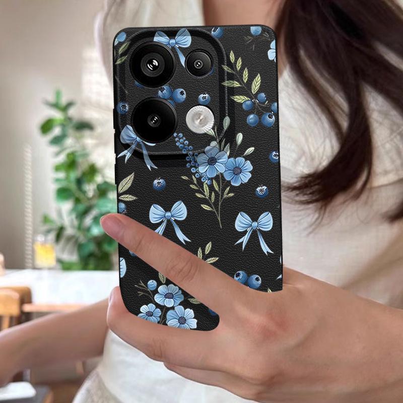 Blaubeere Schleifen Blumenmuster Hülle Für Xiaomi 14T 13T 11T Pro Funda Redmi Note 14 13 12 11 Pro 5G 4G Lederstruktur Silikonhülle