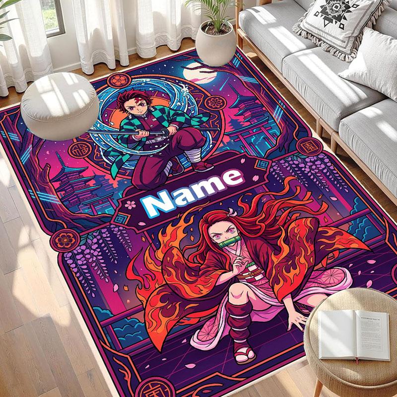 Custom Name Personalized Demon Slayer Anime Print Carpet, Versatile Home Decor Rug, for Playroom, Apartment, Balcony, Entryway, Hallway Gift