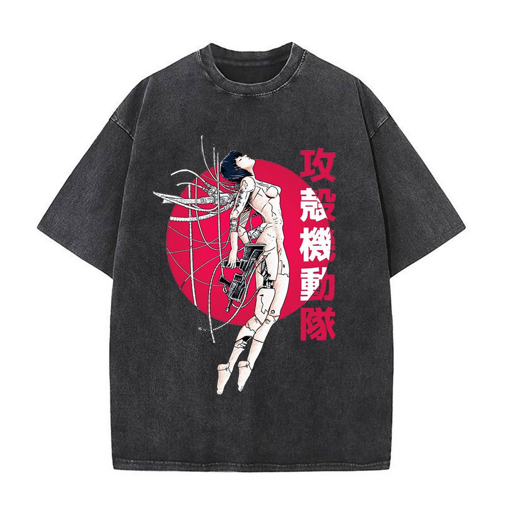 Anime Ghost In The Shell Motoko Kusanagi Vintage Washed T Shirts Men Women Clothing Casual Short Sleeve Oversized Tshirts Tops