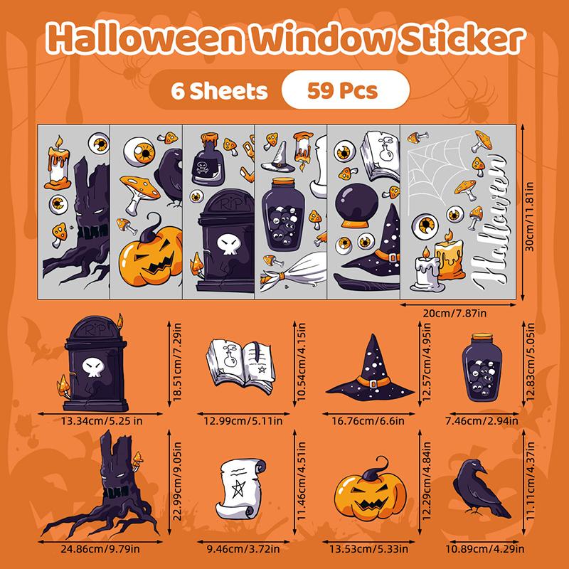 6/8/9 Sheets Halloween Window Clings Cute Ghost Pumpkin Bat Removable Self Adhesive For Home Party Glass Decor