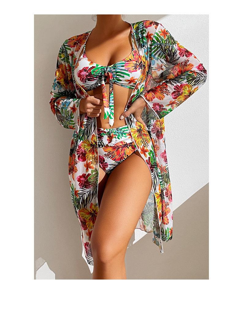 European And American Swimwear Long-Sleeved Long Blouse Split Three-Piece Set, Printed Sexy Swimsuit, New Female Bikini B S