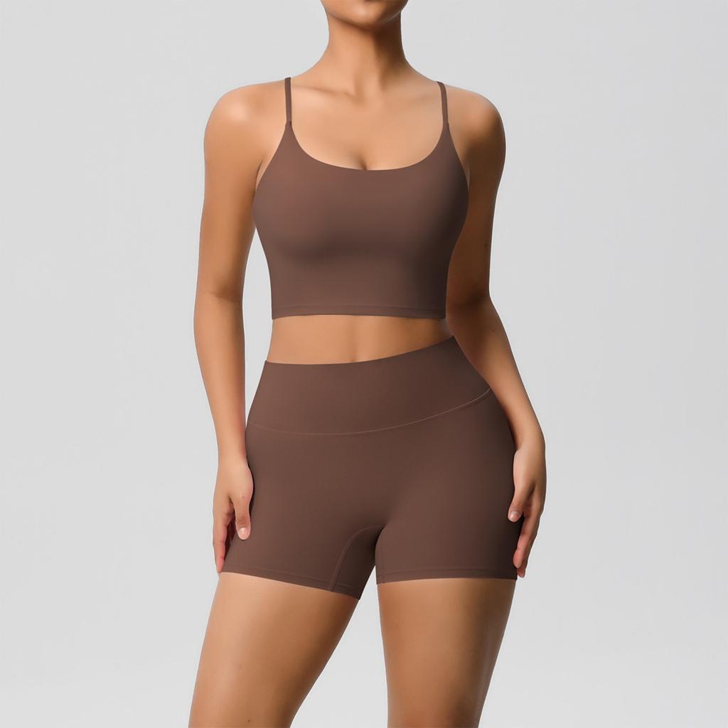Women's Fashion Solid Color Back Top Tight Breathable Yoga Clothing Sports Running Fitness Shorts Set