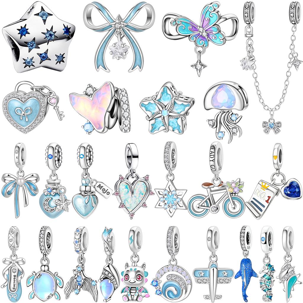 Oryginalne Miedziane Charmsy Niebieska Gwiazda Kwiat Motyl Serce Meduza Koraliki Do Naszyjnika Bransoletki DIY Prezent Biżuteria