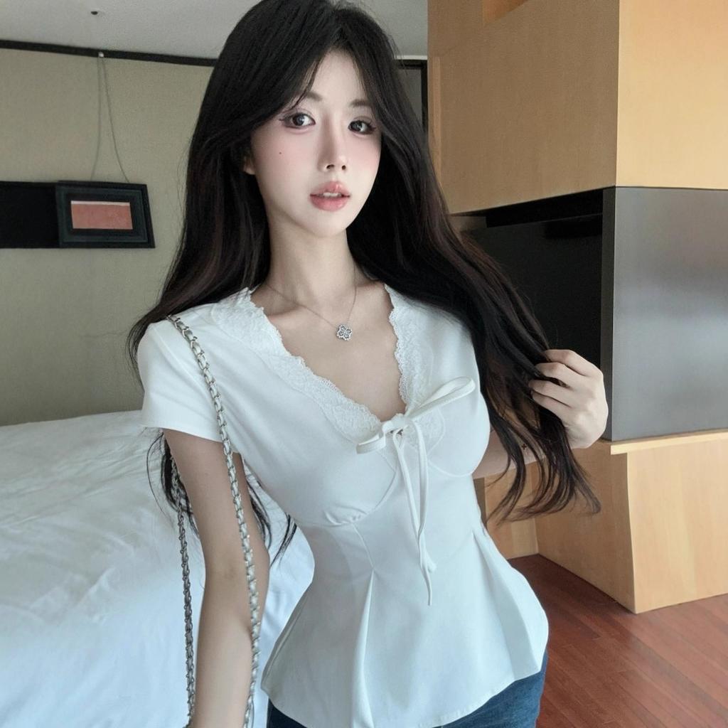 Design Lace Splicing Short-sleeved Women's Summer New Waist and Thin Top Deep V Bow Lace-up Versatile Top